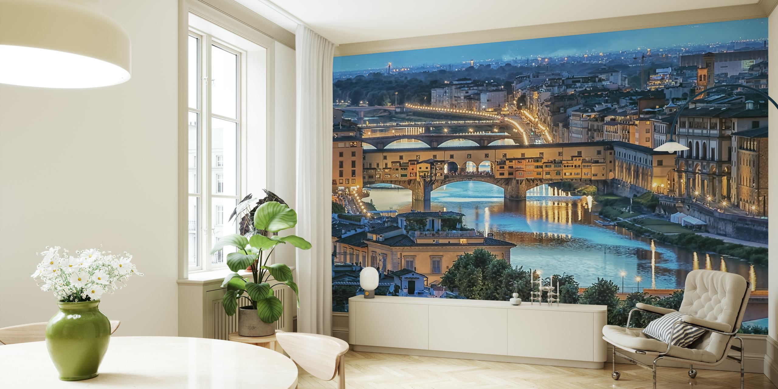 Florence cityscape at dusk with blue tones and golden lights wallpaper